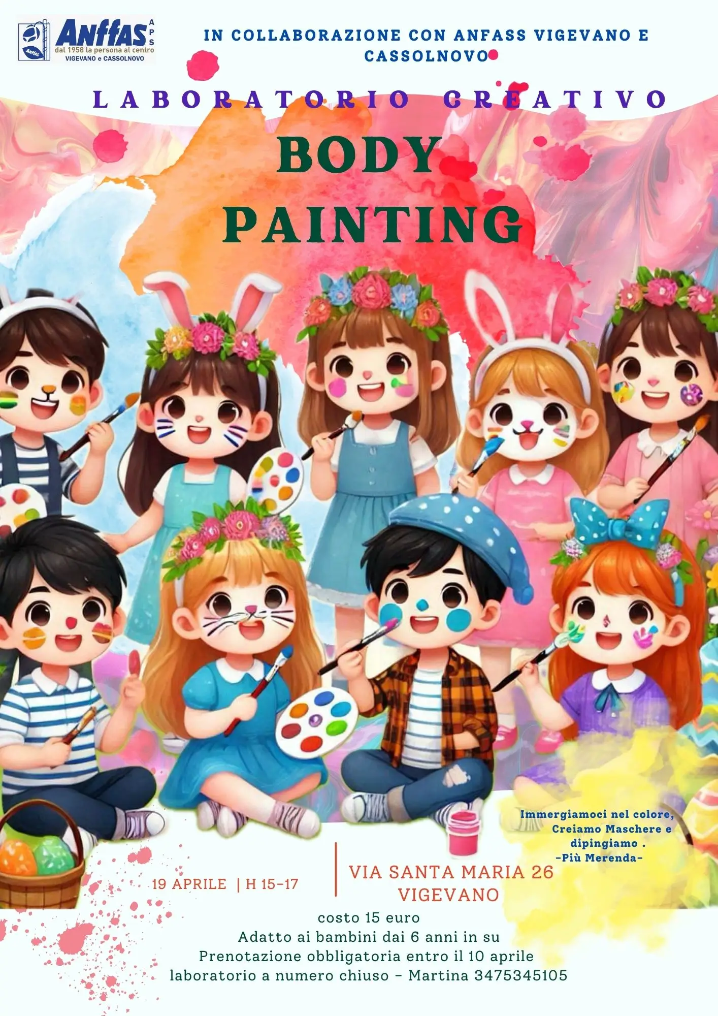 Laboratorio di Body Painting per bambini a Vigevano il 19 aprile. Evento creativo in collaborazione con ANFASS Vigevano e Cassolnovo. Prenotazione obbligatoria entro il 10 aprile