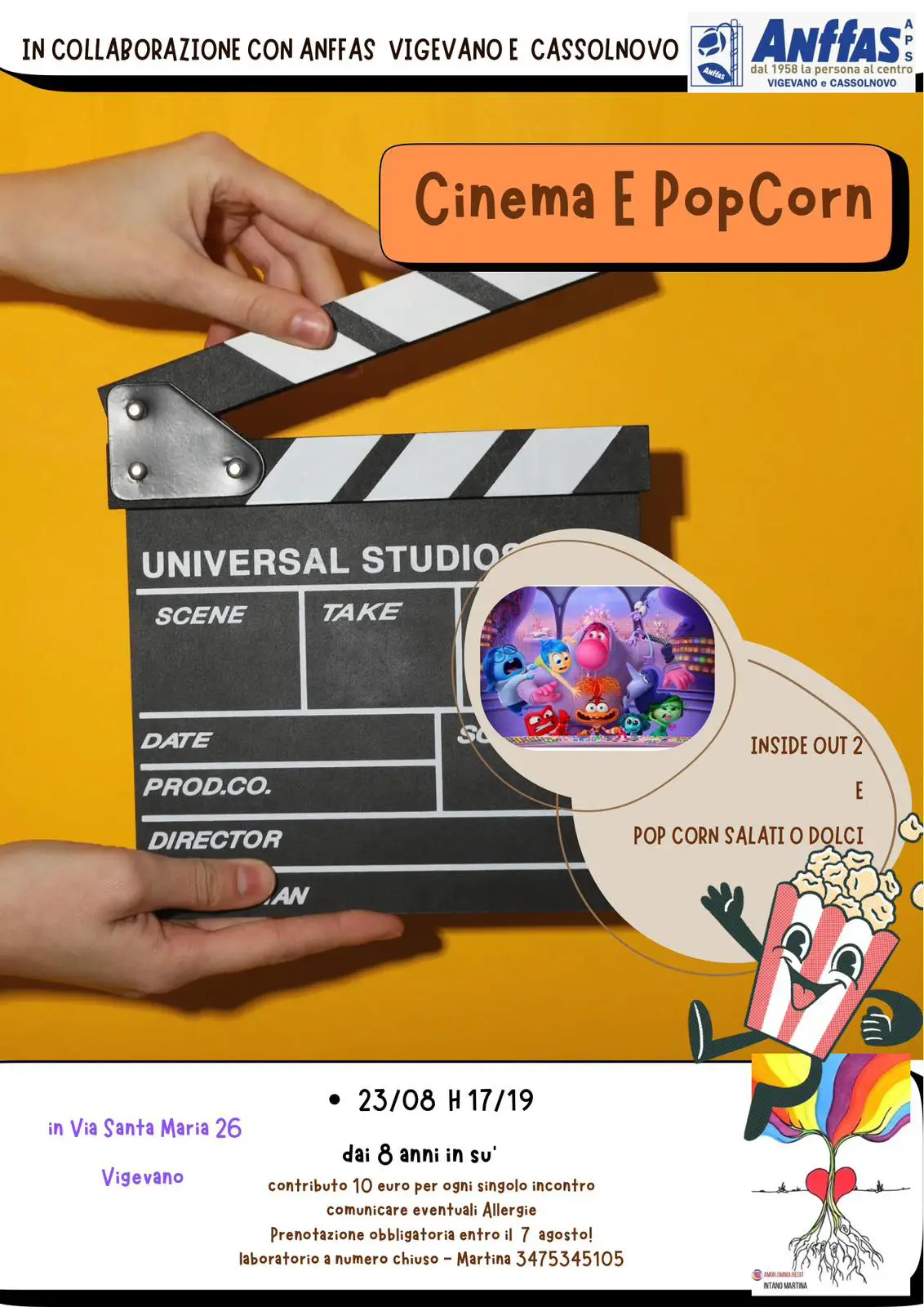 Locandina che mostra l'evento che si terrà il23/08 cinema e popcorb